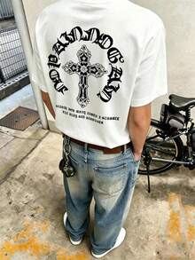 Resyla 男士標語與十字印花短袖休閒T恤 - 杏色 - 查看 2