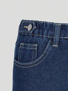 SHEIN 青少年女孩牛仔褲夏季新品，青少年女孩牛仔褲，淺藍色水洗牛仔色，休閒舒適，寬鬆寬腿版型，舒適棉質牛仔布料，居家日常上學通勤派對穿搭，青少年女孩牛仔短褲 - 深色水洗藍 - 查看 7