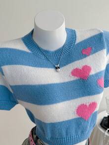 Elamini Heart Pattern Short Sleeve Cropped Women Knit Top For Summer Back-To-School Everyday Graduation School Blue And White Stripe Y2k - Blue and White - View 7