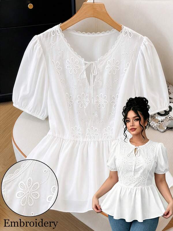 SHEIN Clasi Summer Embroidery Fabric Notch V-Neck Bow Puff Short Sleeve Waist-Cinching A-Line Elegant Commute Evening Wedding Women's Blouse Teachers' Day White