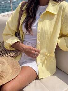SHEIN Tween Girl Elegant Spring/Summer Woven Bow Decor Striped Shirt, Can Be Worn As Inner Layer Or Outer Layer - Yellow - View 4
