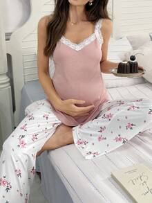 Moonlight&Mama Conjunto de Roupa de Descanso Maternidade Moonlight & Mama Primavera/Verão Moda Rosa Canelado Regata & Calça Longa Estampa Floral Miúda - Rosa chiclete - Visão 6