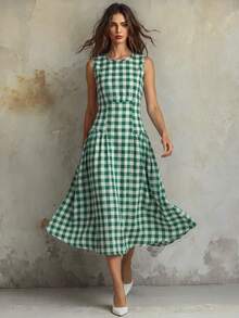 SHEIN New Spring/Summer Sleeveless Green Plaid Midi Dress For Women - Green - View 3