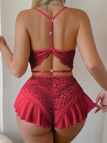 SHEIN 性感蕾絲掛脖挖空腰部女款連身睡衣 - 酒紅色 - 查看 5