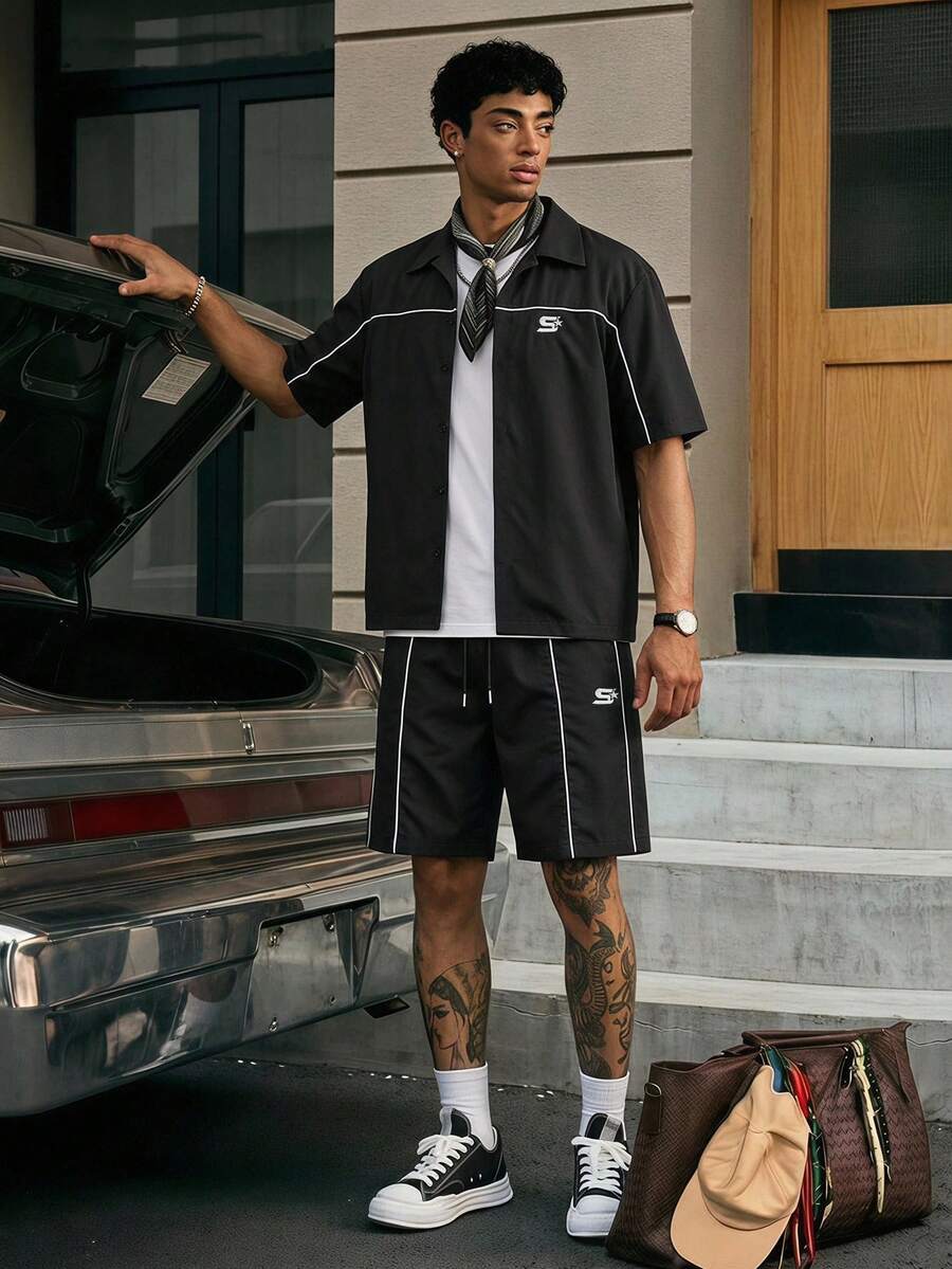 SWAVVY Men's Embroidered Striped Single-Breasted Short Sleeve Shirt And Drawstring Waist Shorts Set - Black - View 1