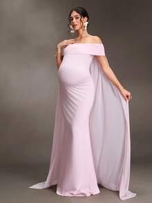 Cheriluna Maternity Maternity Off-Shoulder Solid Color Fashion Photography Dress - Pink - View 5