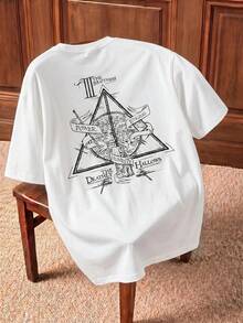 HARRY POTTER X SHEIN Camiseta de manga corta blanca de corte slim con estampado casual de los Reliquias de la Muerte de punto para hombres - Blanco - Ver 1