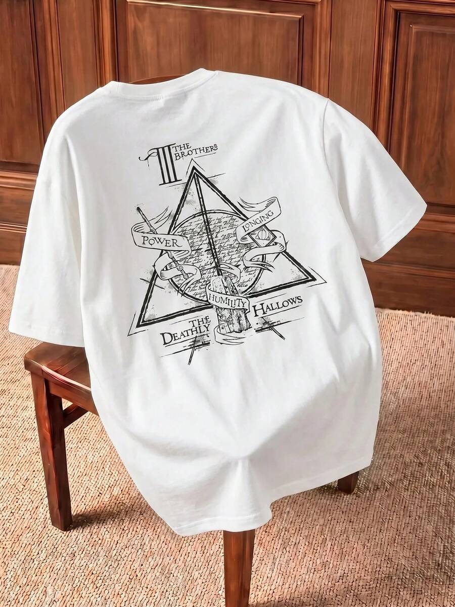 HARRY POTTER X SHEIN Camiseta de manga corta blanca de corte slim con estampado casual de los Reliquias de la Muerte de punto para hombres - Blanco - Ver 1