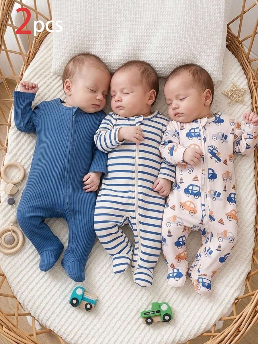 SHEIN Vintaside Kids 2件組四季新生兒居家服,灰藍色羅紋棉布,可愛淺杏色小車印花連身連腳連帽衣 - 藍色 - 查看 1