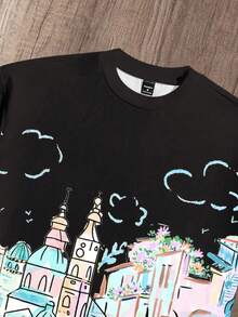Manfinity Joysei Men's Casual Town Print Loose Short T-Shirt - Black - View 3