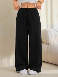 SHEIN PETITE 女款純色腰綁帶口袋長褲，舒適，適合春、夏、秋、冬 - 彩色 - 查看 3
