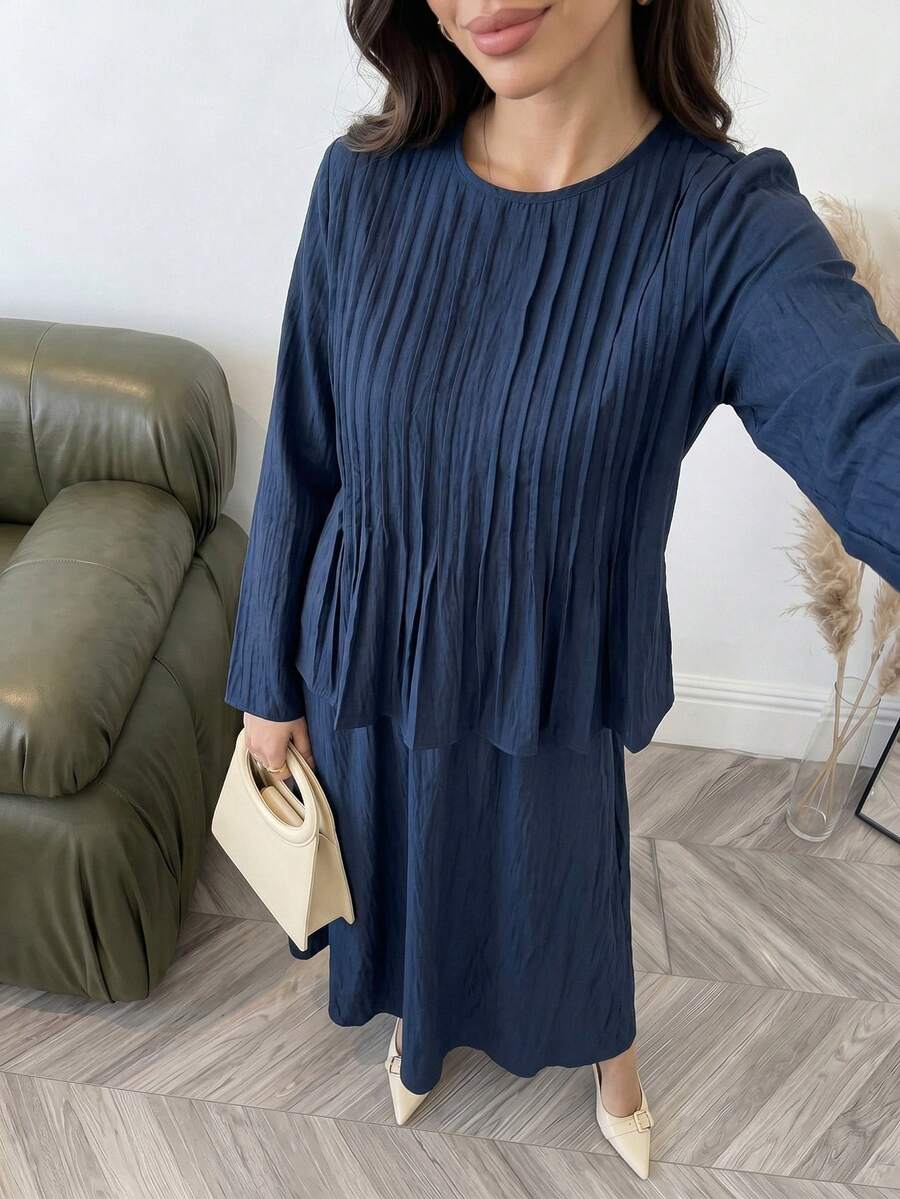 Solavon Conjunto de 2 piezas de camisa y falda de unicolor para mujer - Azul Marino - Ver 1