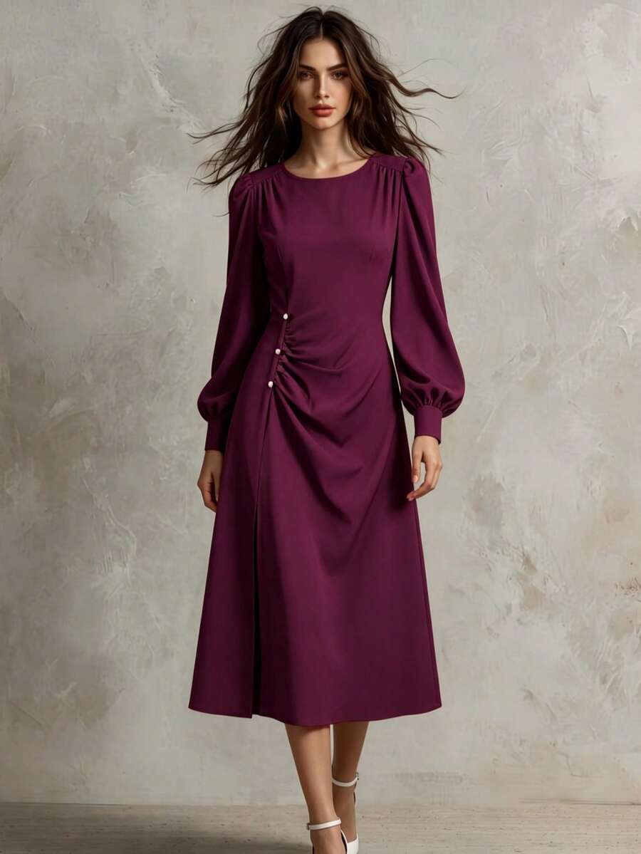 Franclia Vestido elegante de mujer de unicolor con cuello redondo y volantes en las mangas largas - Burdeos - Ver 1