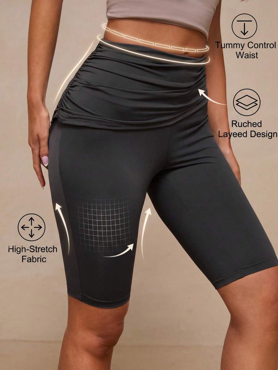 Glamine Women's Summer Casual Sports Pleated Design Fitted Athletic Leggings - Dark Grey - View 1