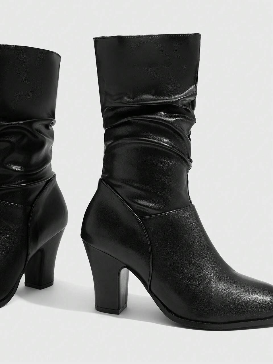 CUCCOO SZL Women Shoes Black Soft Leather Pleated Round Toe Thick Heel Medium Boots Simple Commuting Style Autumn And Winter Models Are Suitable For Daily Commute