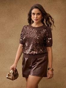 MOTF PREMIUM 大尺碼女款亮片設計插肩袖短袖針織上衣 - 咖啡棕 - 查看 5
