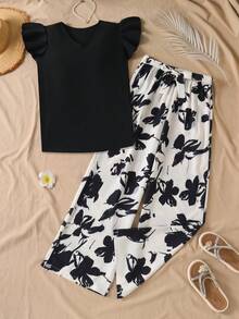 SHEIN Sparklyn 青少年女孩夏季度假V領荷葉邊袖上衣 + 花卉印花寬腿褲套裝 - 彩色 - 查看 6