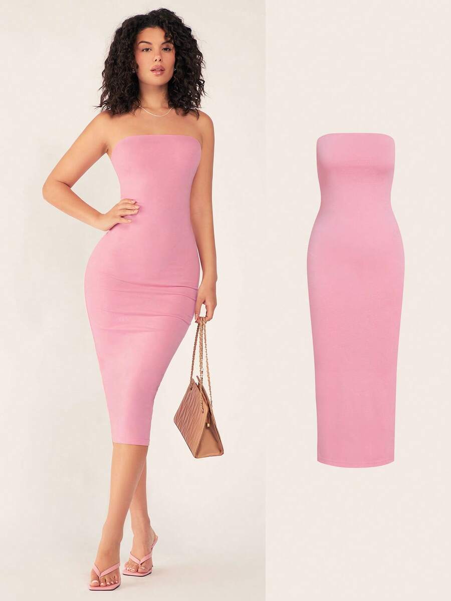 SHEIN BASICS 女款無肩帶修身貼身休閒晚宴洋裝,夏季女裝洋裝 - 粉色 - 查看 1
