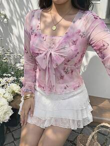 SHEIN MOD 女款大尺碼浪漫蝴蝶印花深V領荷葉邊綁帶喇叭袖T恤 - 粉色 - 查看 5