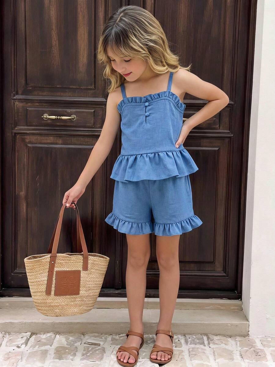 Genkimix Kids Young Girl Solid Color Ruffle Hem Camisole And Shorts Cute Set