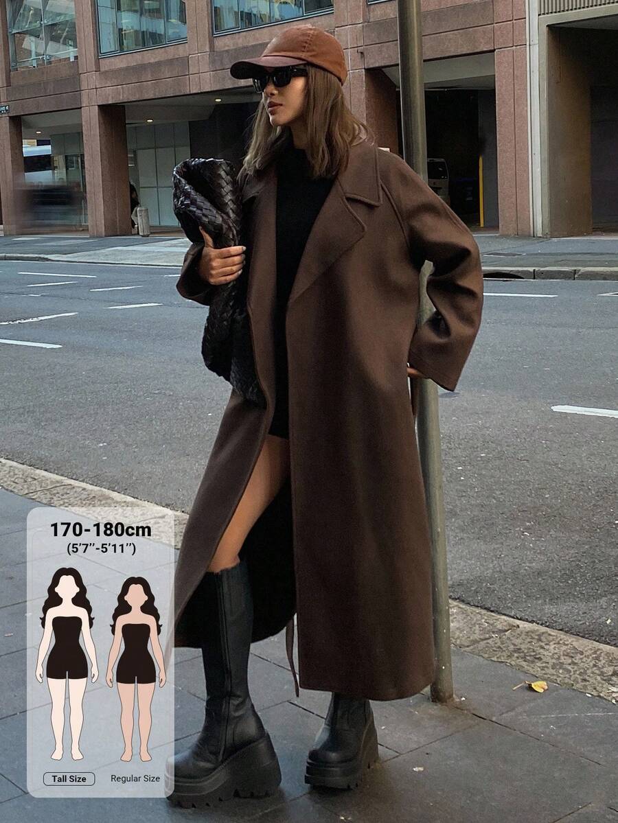 Dazy Tall Mantel Kasual Wanita Model Longgar Lurus dengan Kerah Panjang untuk Musim Gugur - Coklat - View 1