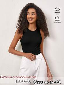 SHEIN BASICS Plus Size Women's Solid Color Round Neck Casual Versatile Tank Top - Black - View 4