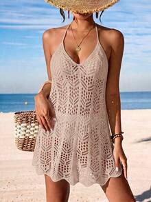 Swim Vcay Swim Chiccia Women's Spring/Summer Casual Tropical Boho V-Neck Sleeveless Beach Vacation Cover-Up, Cold Shoulder Tie-Back Open-Back Swim Dress, Beige - Apricot - View 3