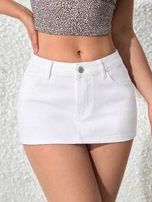 SHEIN PETITE 女款夏季性感純色迷你牛仔裙 - 白色 - 查看 3