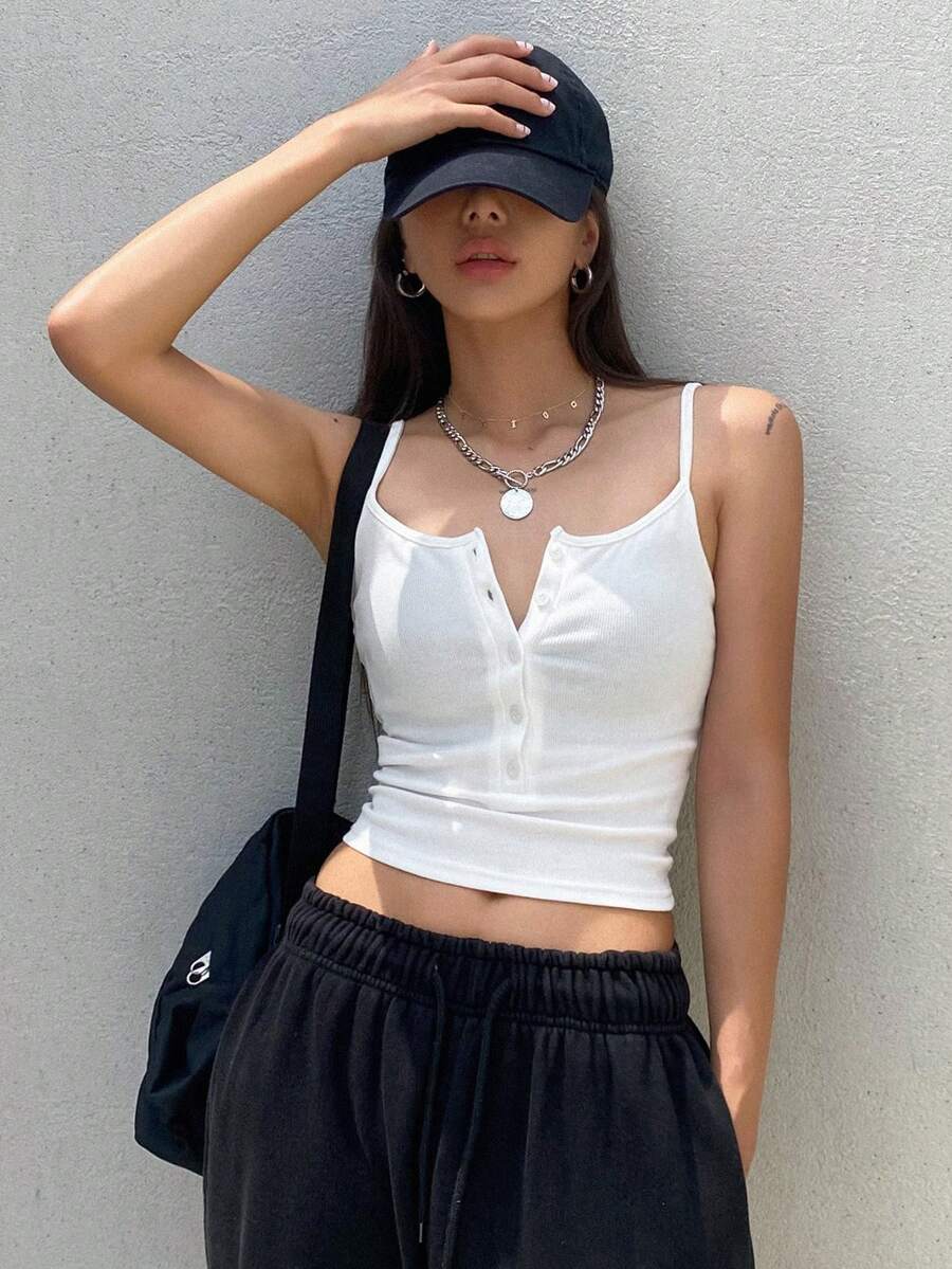 DAZY Half Button Crop Cami Top - White - View 1