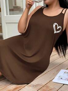 SHEIN 大尺碼愛心印花細肩帶休閒睡裙 - 棕色 - 查看 7