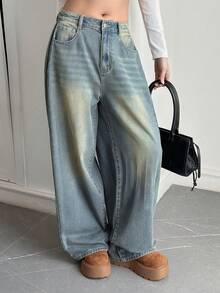 DAZY Women's Distressed Washed Faded Loose Wide Leg Jeans With Pockets, Casual Streetwear Vacation Spring Autumn Long Pants School - Blue - View 2