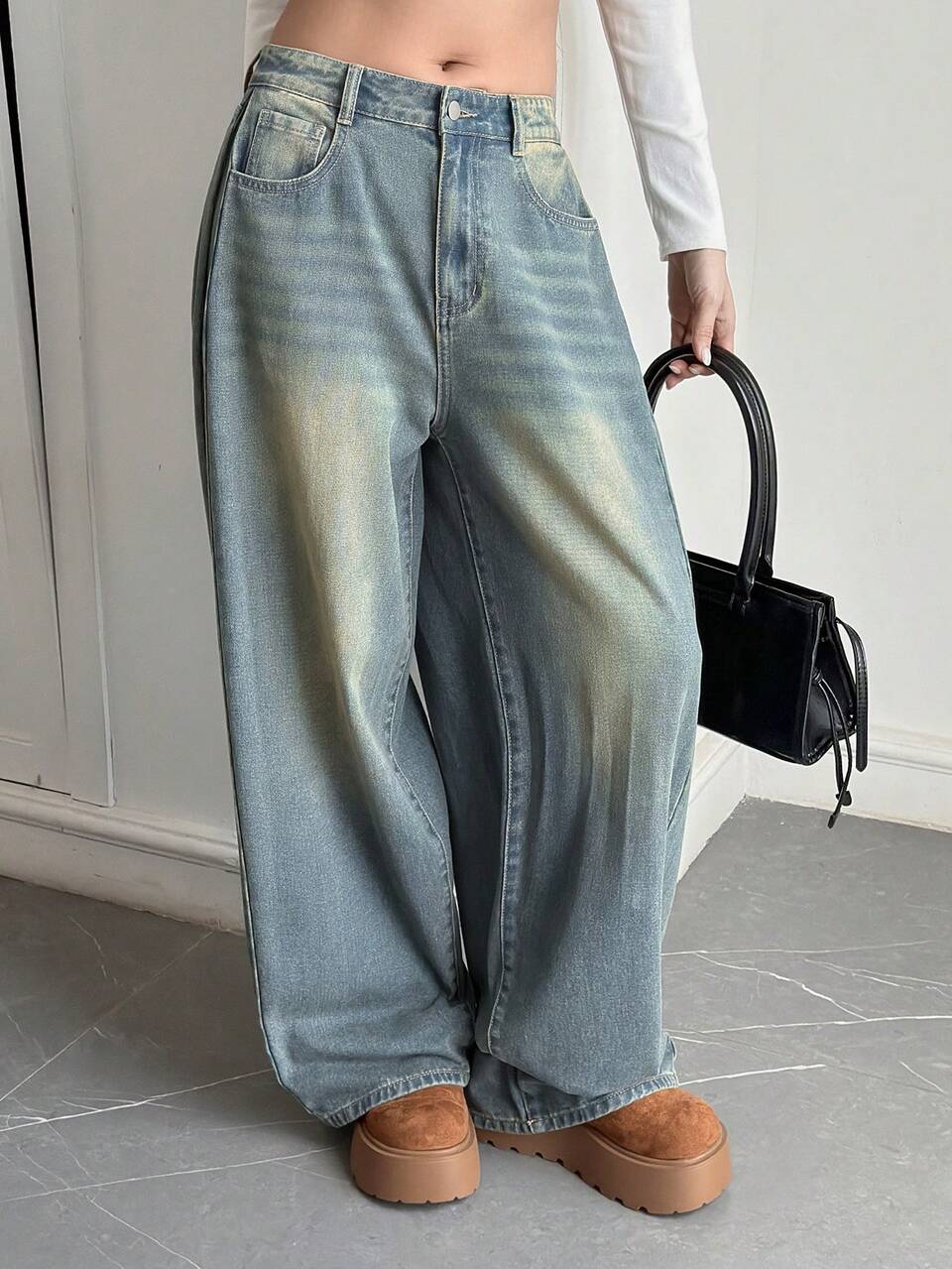 Women's Distressed Washed Faded Loose Wide Leg Jeans With Pockets, Casual Streetwear Vacation Spring Autumn Long Pants School
