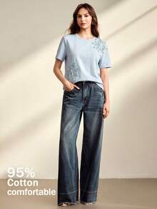 Anewsta Minimalist Elegant Beaded T-Shirt, Heavy Floral Embroidery Round Neck Versatile Daily Women's T-Shirt - Blue - View 6