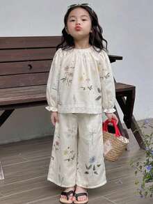 Dazy Kids 女童秋季圓領滿版印花無袖上衣＋長褲 梭織春夏兩件套 - 米色 - 查看 6