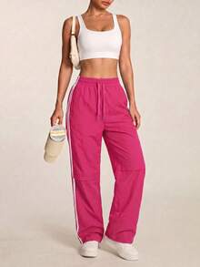 SHEIN BAE Women's Casual Daily Striped Drawstring Waist Sports Pants - Pink - View 1