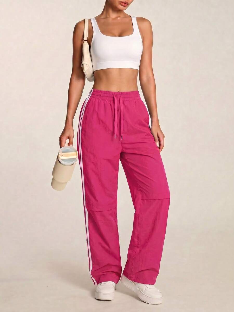 SHEIN BAE Women's Casual Daily Striped Drawstring Waist Sports Pants - Pink - View 1