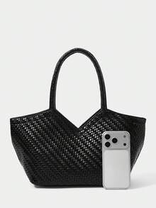 SHECARRY Women's Fashion Black Tote Bag, Exquisite Simple Handbag, Retro Woven PU Large-Capacity Shoulder Bag, For Commuting, Vacation, Daily, Shopping - Black - View 3