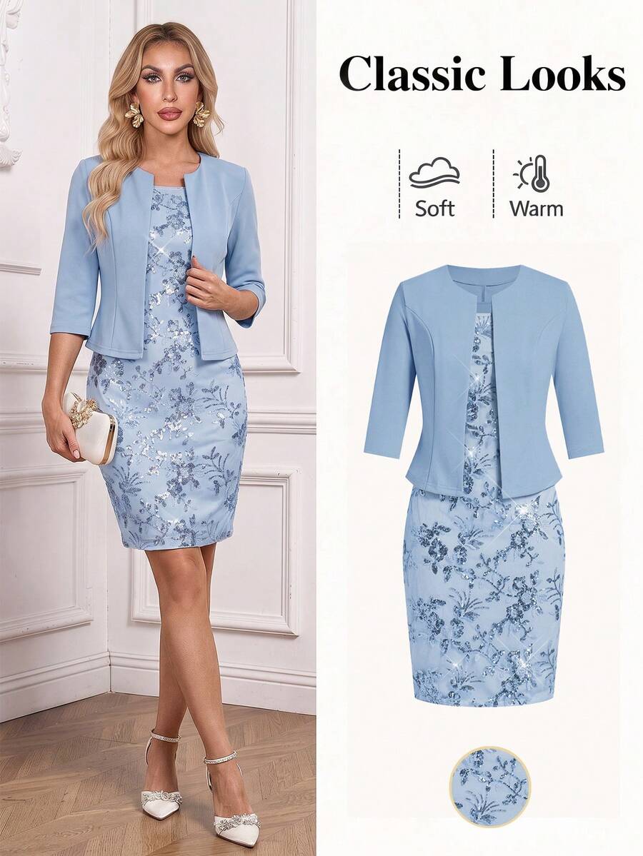 Ellevyn 2pcs Women Sequin Dress And Form-Fitting Short Sleeve Jacket Set, For Party Autumn Outfit For Women - Baby Blue - View 1