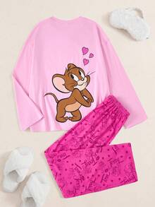 TOM & JERRY X SHEIN 女士卡通图案长袖上衣和裤子睡衣套装，冬季服装 - 粉色 - 查看 1