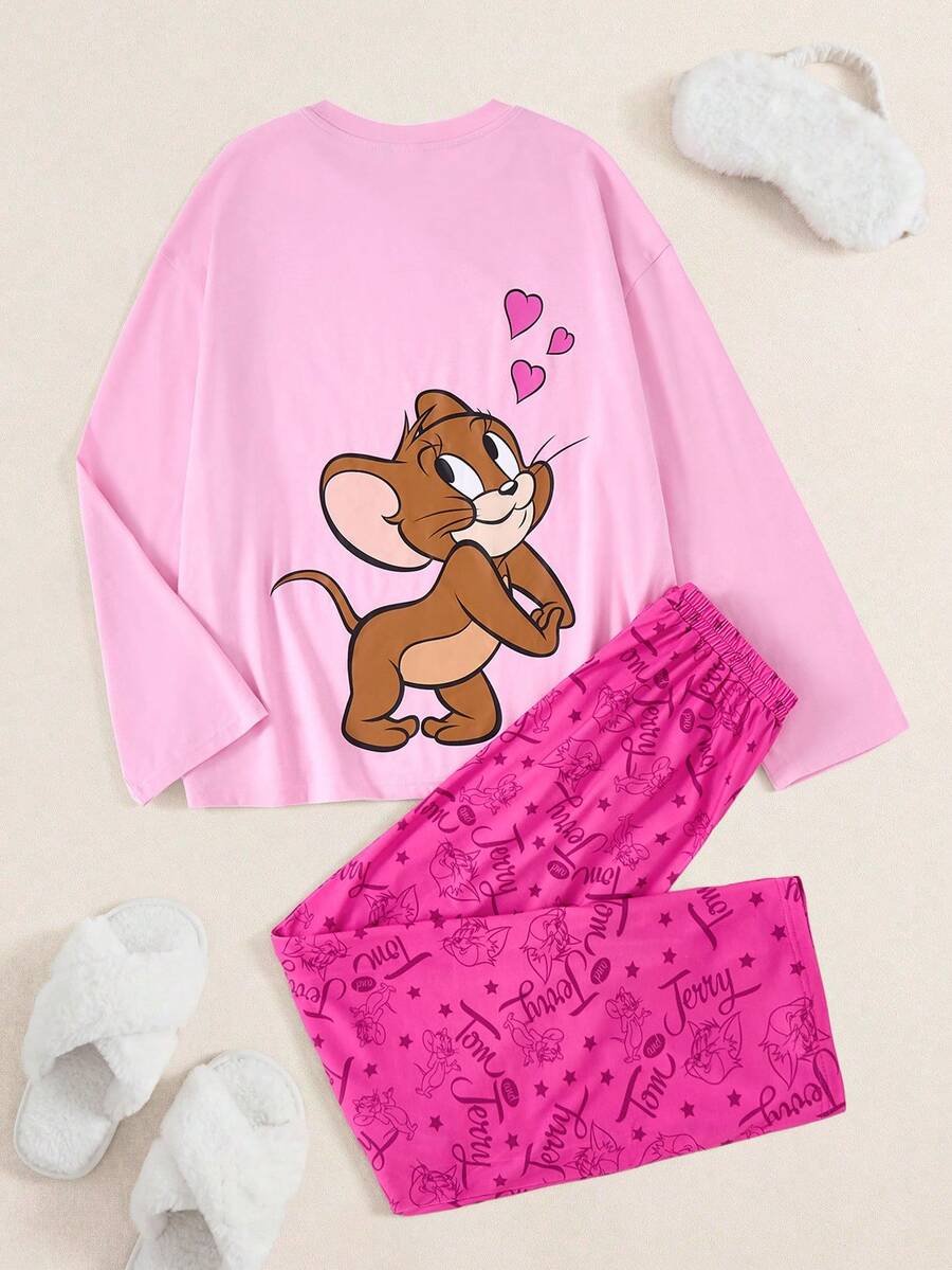 TOM & JERRY X SHEIN 女士卡通图案长袖上衣和裤子睡衣套装，冬季服装 - 粉色 - 查看 1