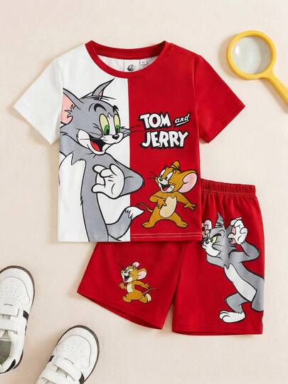 TOM & JERRY X SHEIN مجموعة قميص كم قصير بنمط كرتوني ملون وشورت للأولاد، مناسبة للربيع/الصيف