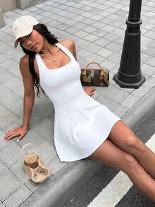 Glamine Charm Women's Solid Color Square Neck Criss-Cross Back Sleeveless Sports Dress - White - View 6