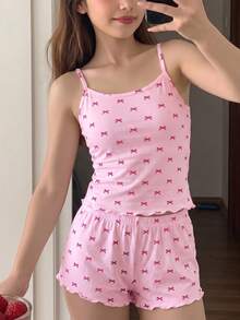 SHEIN 青少年女孩針織蝴蝶結圖案細肩帶背心與短褲家居服套裝 - 粉色 - 查看 1