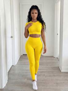SHEIN BamGlam 纯色无缝女式短款上衣和紧身裤运动套装，高弹力 - 黃色 - 查看 6