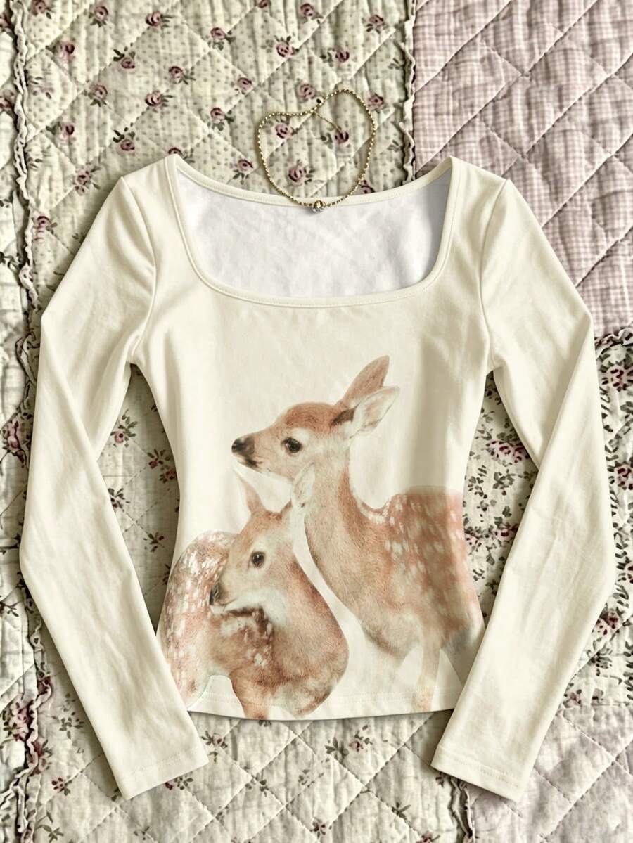 IslaSuriya French-Style Square-Neck Long-Sleeve Base Shirt For Women With A Small Deer Print, Slim-Fitting T-Sh - Multicolor - View 1