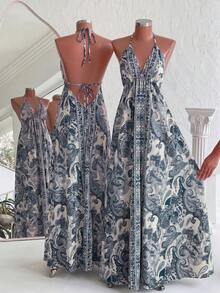 Louniche Vestido de mujer estilo vacaciones de verano con estampado, espalda descubierta y cordón ajustable - Azul - Ver 6