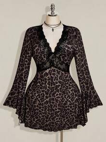 SHEIN ICON 女款大尺碼蕾絲拼接豹紋性感約會洋裝 - 棕色 - 查看 3