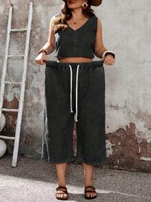 SHEIN EMERY ROSE CURVE Conjunto de 2 piezas de chaleco y pantalones de mezclilla talla grande - Negro - Ver 6