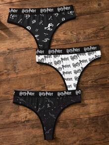 HARRY POTTER X SHEIN 3pcs Women's Comfortable Fashion Allover Print Letter Tape Fashionable & Sexy Thongs,Basic Comfortable Casual ,Soft Thongs Underwear Hipster Underwear - Black and White - View 1
