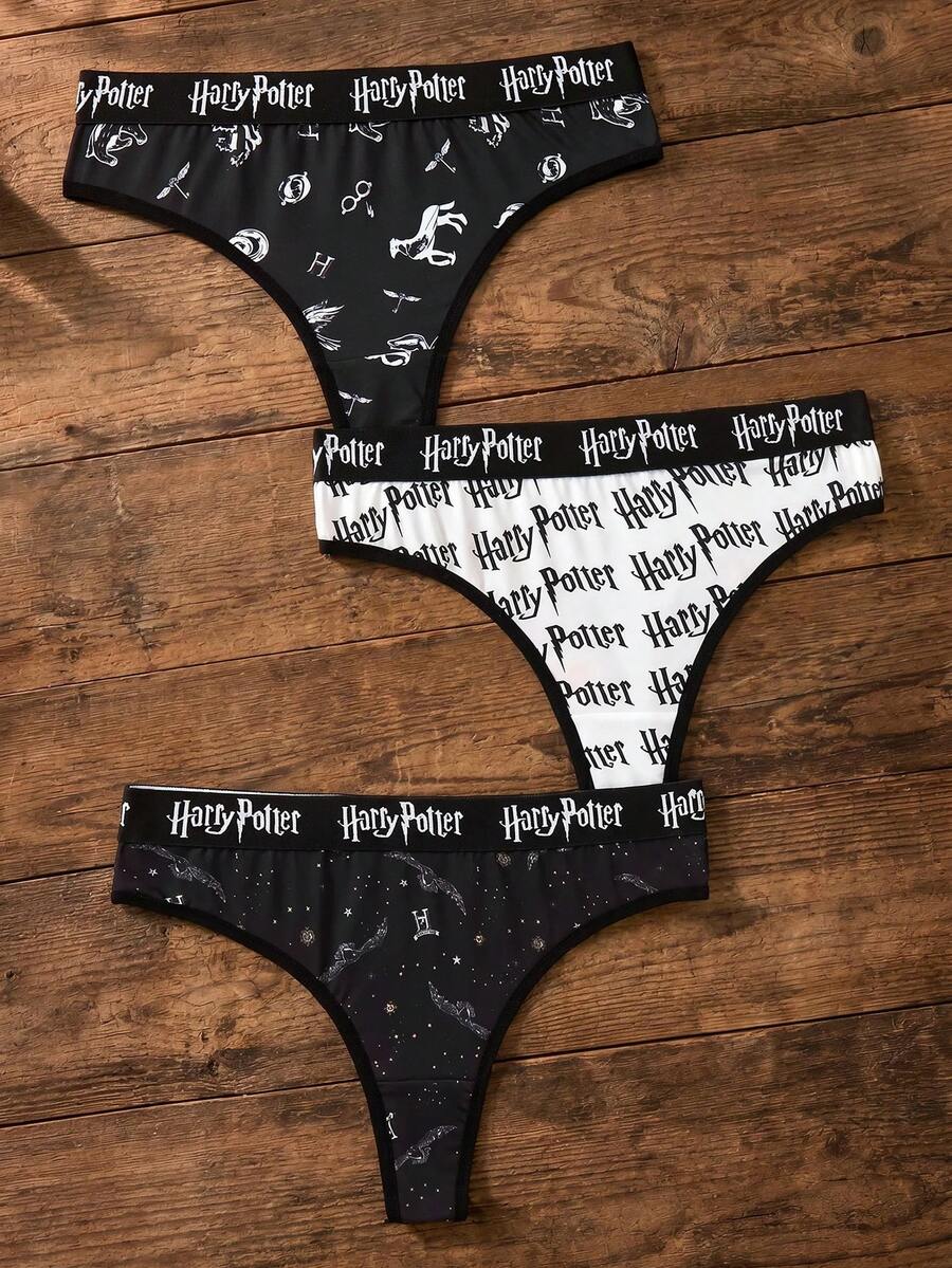 HARRY POTTER X SHEIN 3pcs Women's Comfortable Fashion Allover Print Letter Tape Fashionable & Sexy Thongs,Basic Comfortable Casual ,Soft Thongs Underwear Hipster Underwear - Black and White - View 1